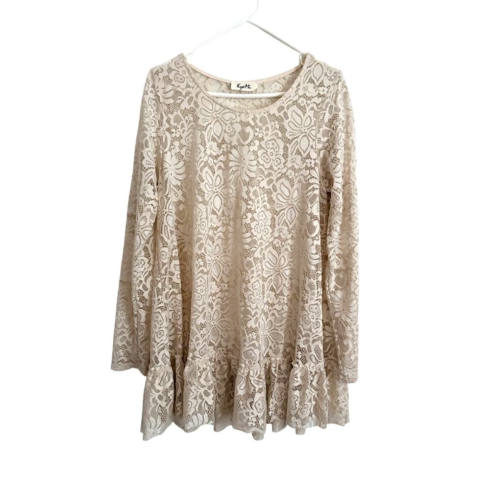 Kye Mi Cream Lace Mini Dress Ruffled Long Sleeve Sheer Large Boho Chic Cottage
